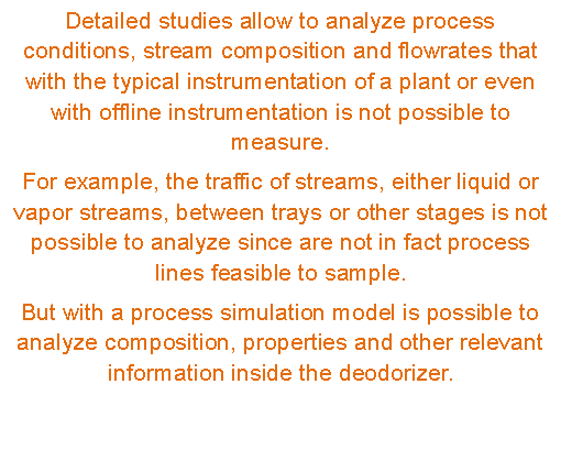 Cuadro de texto: Detailed studies allow to analyze process conditions, stream composition and flowrates that with the typical instrumentation of a plant or even with offline instrumentation is not possible to measure.For example, the traffic of streams, either liquid or vapor streams, between trays or other stages is not possible to analyze since are not in fact process lines feasible to sample.But with a process simulation model is possible to analyze composition, properties and other relevant information inside the deodorizer.
